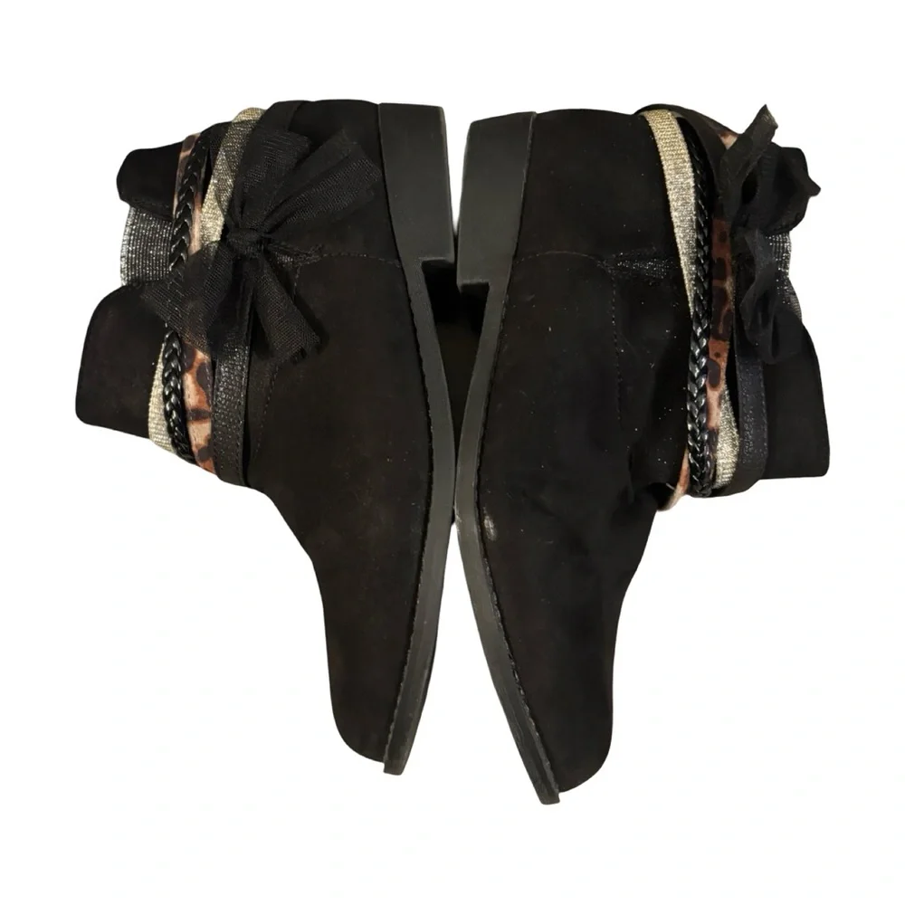 Annie Black Suede-Look Girls' Ankle Boots with Bow and Accent Straps Size 5